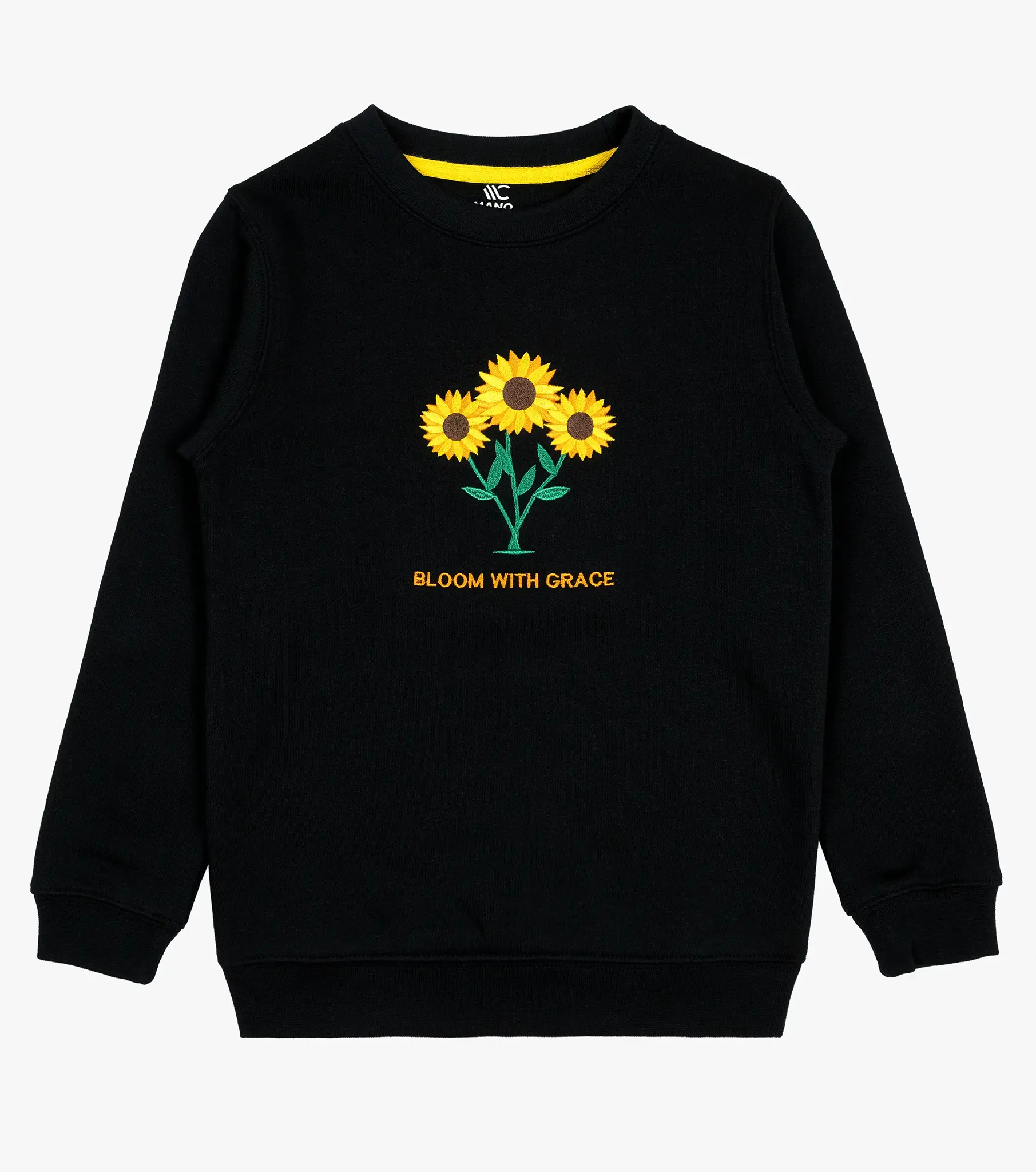 mano-colors-embroidered-girls-black-sweatshirt-sun-flower-front-view