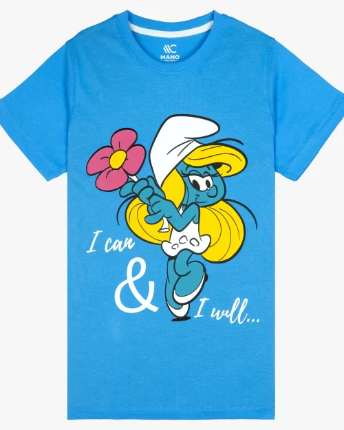 Girls Water Blue Graphic T-Shirt – "I Can & I Will" Featuring Smurfette!