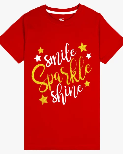 Girls Red Graphic T-Shirt – Smile, Sparkle, Shine!